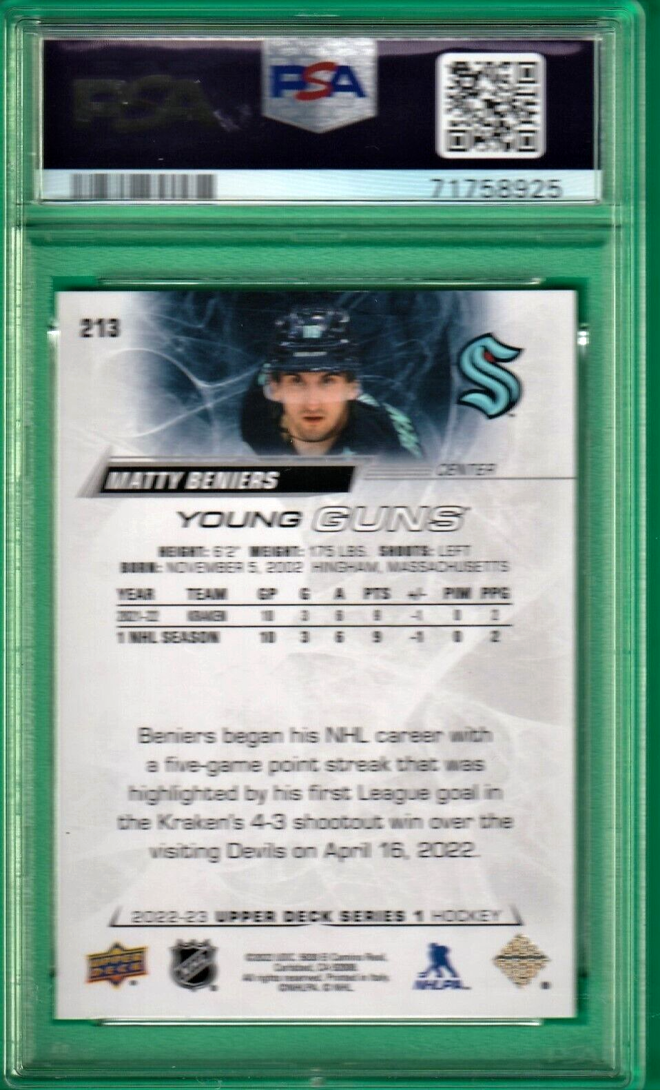 2022 Upper Deck Young Guns - Matty Beniers  -  Kraken  ROOKIE #213 PSA 9 MINT