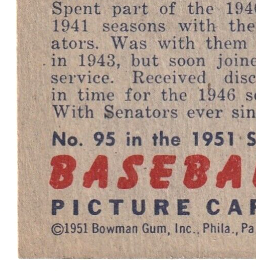 1951 Bowman  -  Sherry Robertson    -  Wasington Senators  #95   EX- EX+