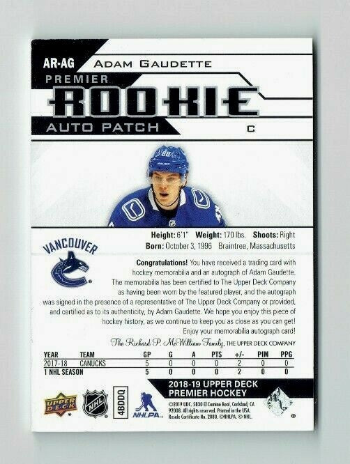 2018-19 U.D. PREMIER HOCKEY ROOKIE PATCH AUTO #174/249 CANUCKS Adam Gaudette