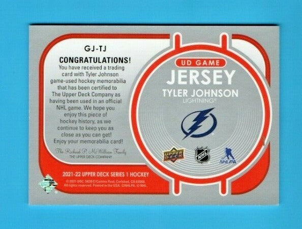 2021-22 Series 1 Game Jersey Relic #GJ-TJ -  Tyler Johnson  -  Tampa Bay - White