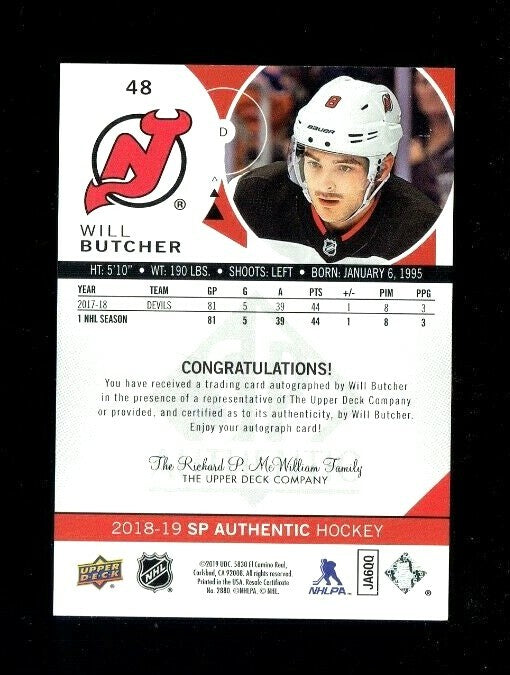 2018/19 SP Authentic  Limited  ROOKIE Auto WILL BUTCHER New Jersey Devils