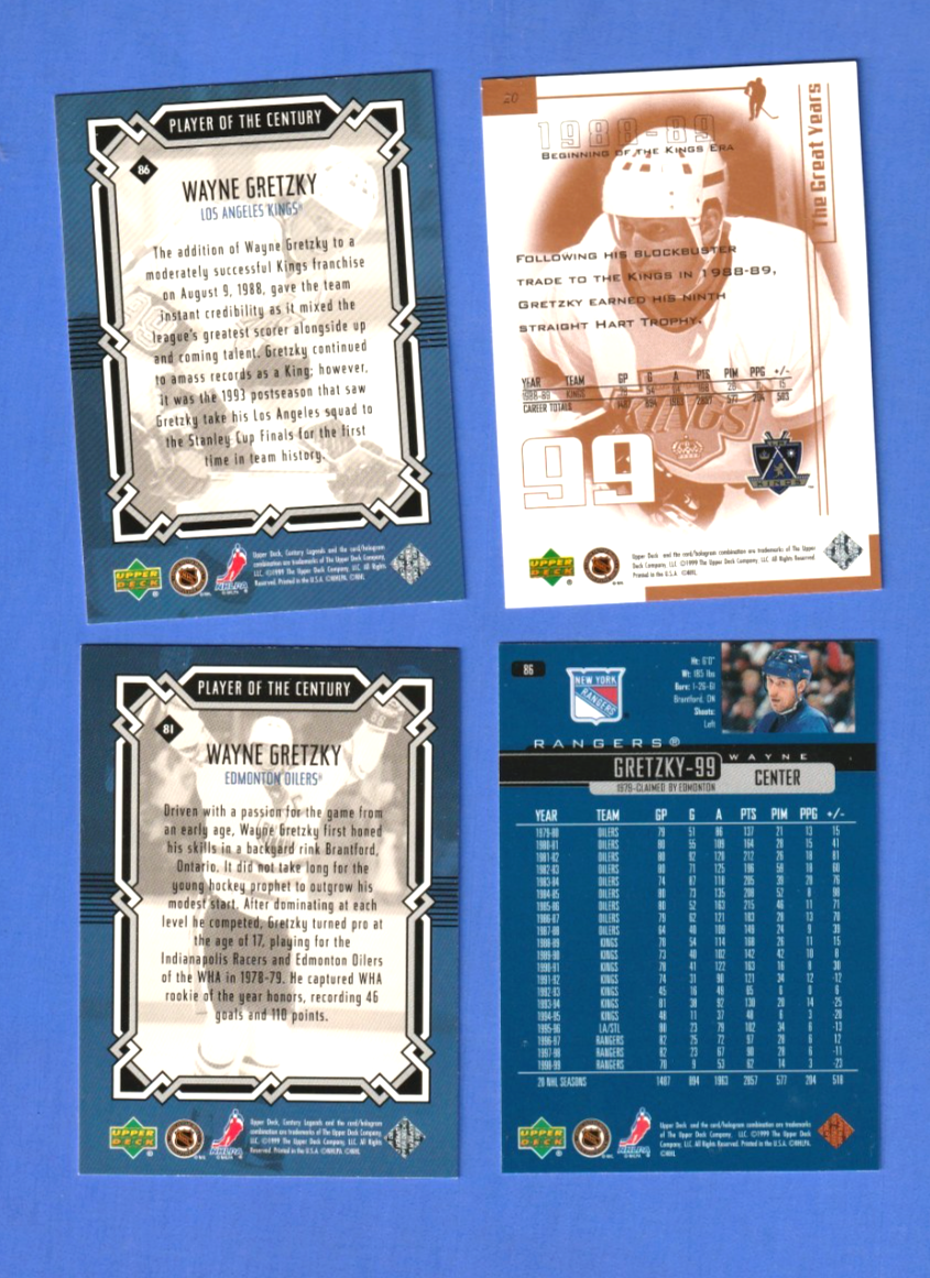 4 wayne gretzky cards  2 player of the century  2 other cards