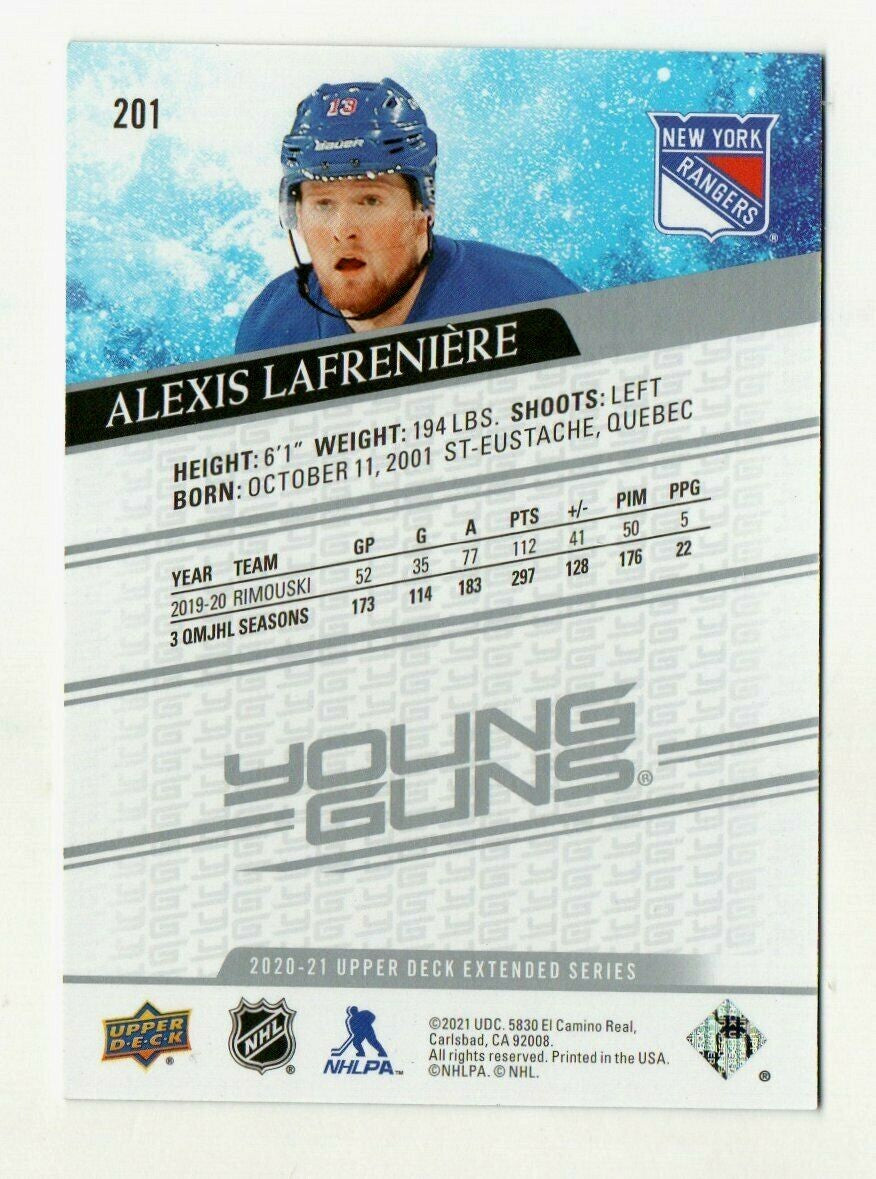 2020-21 Upper Deck Extended Young Guns Rookie 201 Alexis Lafreniere NY Rangers 