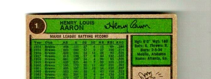 1974 Topps - Hank Aaron - #1 Home Run King Atlanta Braves Baseball Card  VG-VG+