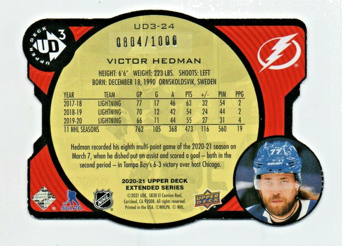 2020-21 Upper Deck Extended UD3 Die cut insert Victor Hedman 0804/1000 Tampa Bay