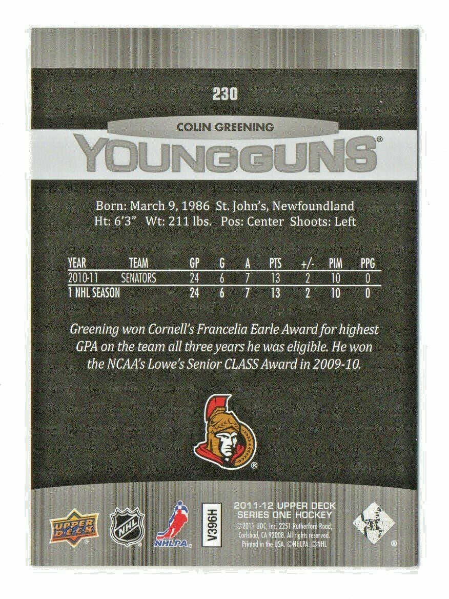 Colin Greening  #2 - 2011-12 Upper Deck Young Guns Rookie #230 YG RC - Senators