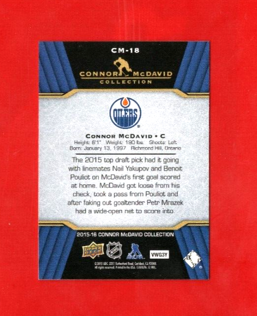 2015-16 CONNOR MCDAVID Rc Collection Card# CM-18 Edmonton Oilers Rookie