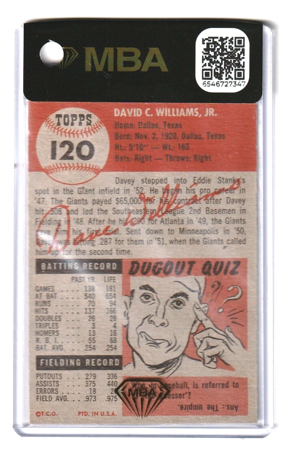 1953 Topps  -  Davey Williams  SHORT PRINT #120  MBA AUTHENTIC - New York Giants