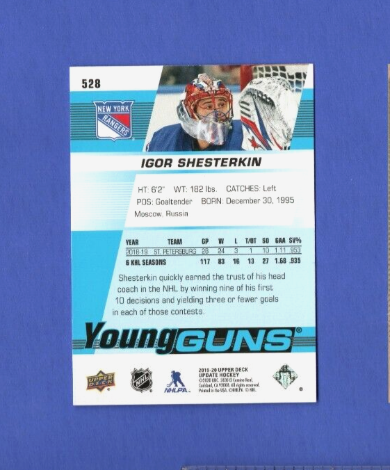 2019-20 UD Young Guns  #528 Igor Shesterkin YG RC Rookie  New York Rangers