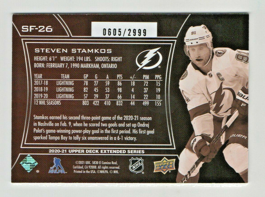 STEVEN STAMKOS 2020-21 UPPER DECK EXTENDED SPx FINITE RADIANCE 0605/2999 SF-26