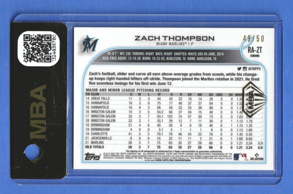 2022 Topps Chrome Gold Wave Refractor Zach Thompson ROOKIE AUTO /50  MBA AUTHEN