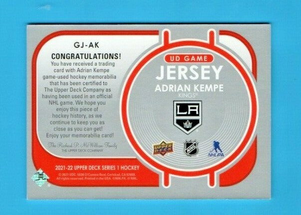 2021-22 Series 1 Game Jersey Relic #GJ-AK Adrian Kempe - Los Angeles Kings Black