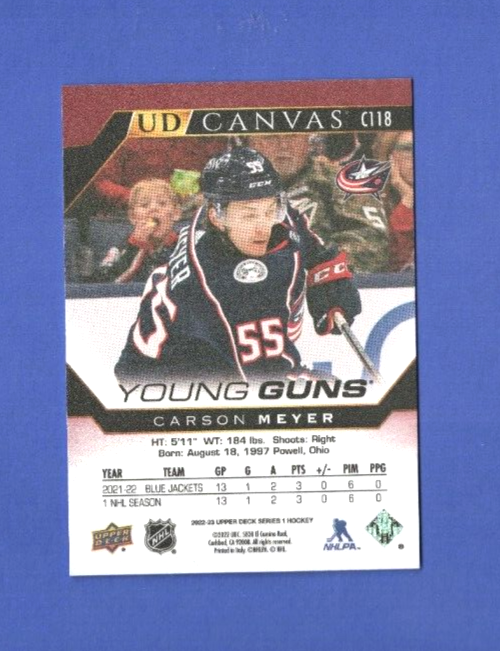 2022-23 Upper Deck Series 1 Canvas Young Guns C118  Carson Meyer   Blue Jackets