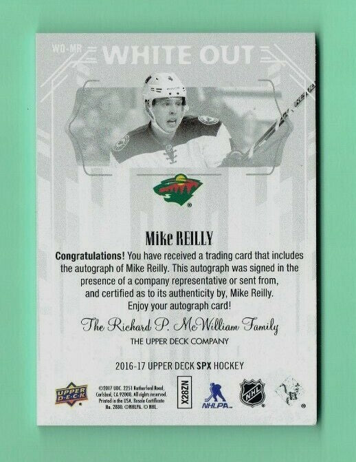 2016-17 Upper Deck SPX GOLD White Out Rookie Auto Mike Reilly  Minnesota Wild
