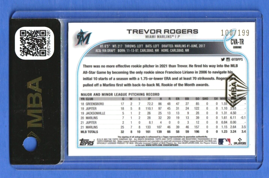 2022 Topps Chrome Aqua Wave Refractor   Trevor Rogers   AUTO /199  MBA AUTHENTIC