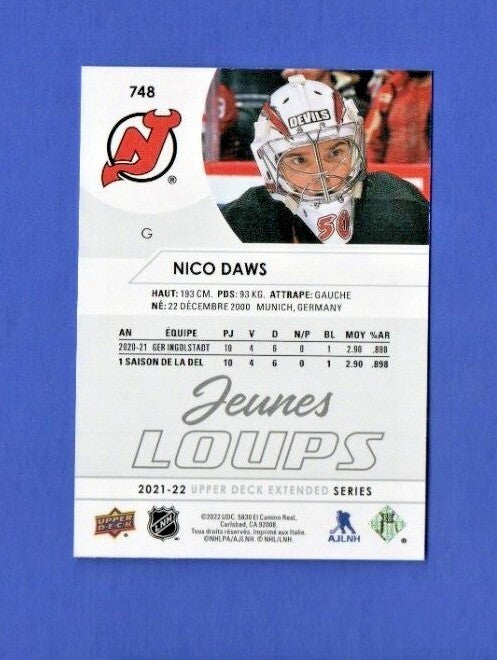 2021-22 UD EXTENDED SERIES FRENCH YOUNG GUNS JEUNES LOUPS #748 NICO DAWS Devils