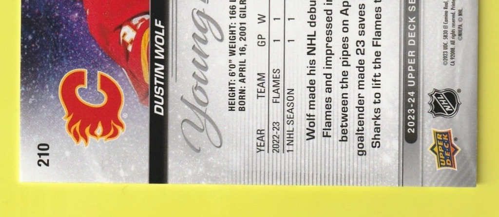2023-24 Upper Deck Young Guns Deluxe #210 Dustin Wolf 210 /250 - Calgary Flames