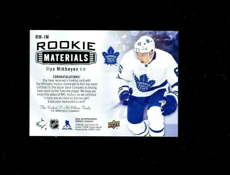 2019-20 UPPER DECK SERIES 2 Rookie Materials Jersey RM-IM Ilya Mikheyev - Leafs