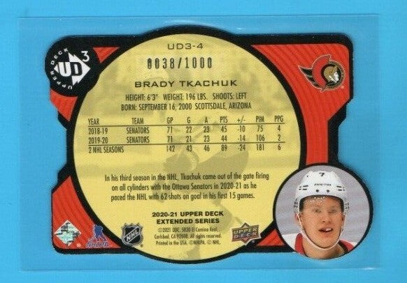 2020-21 UD Extended Brady Tkachuk UD3 Die CUT #UD3-4 Senators 0038/1000