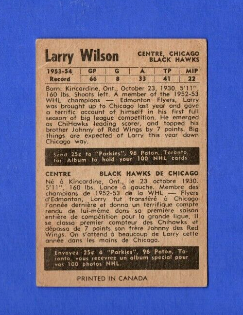 1954-55 Parkhurst Hockey #85 Larry Wilson Chicago Black Hawks Stats  Back  VG-EX