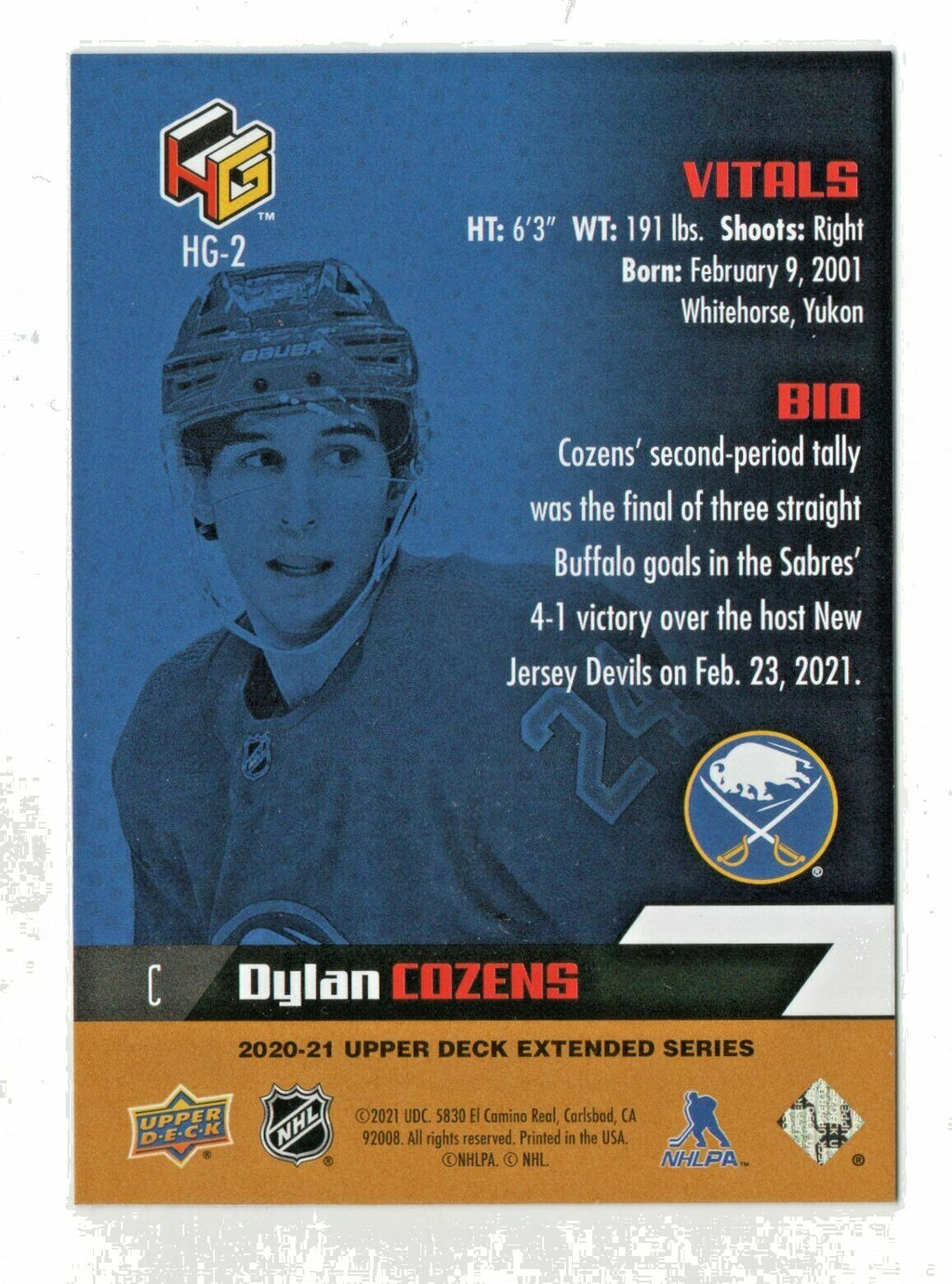 2020-21 Upper Deck Extended Series GOLD HoLo Gr-Fx ROOKIES RC Dylan Cozens HG-2