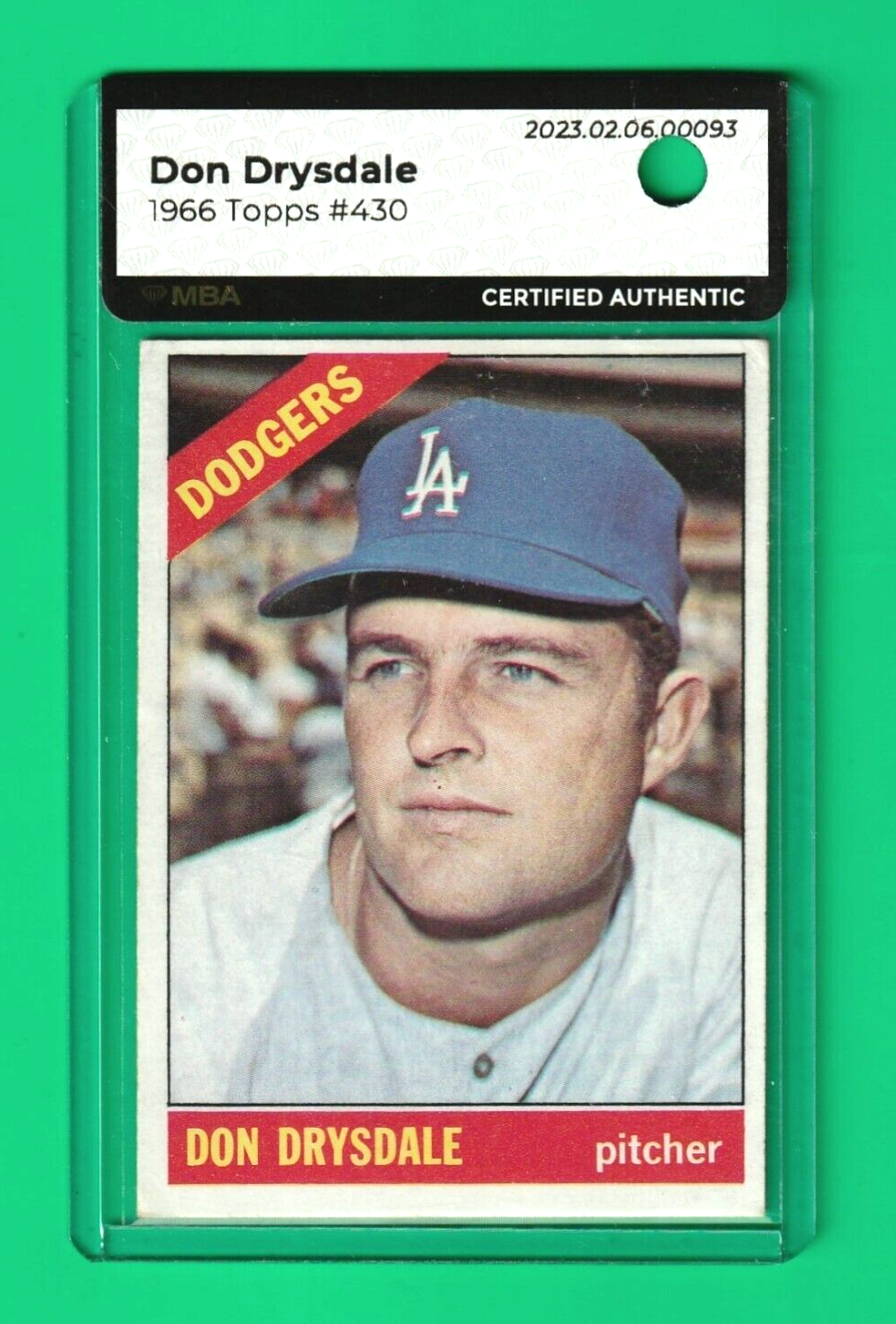 1966 Topps -  Don Drysdale #430  -  Los Angeles Dodgers  -  HOF -  MBA AUTHENTIC