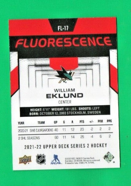 2021-22 UD Series 2 Hockey WILLIAM EKLUND  Fluorescence   RED    FL-17 Sharks
