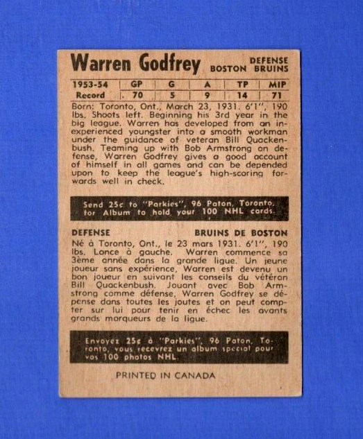 1954-55 Parkhurst  -  Warren Godfrey  -  #56  -  Boston Bruins   -  Stats Back