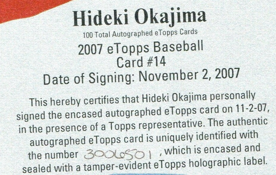 HIDEKI OKAJIMA ROOKIE CARD 2007 eTopps #14 Boston Red Sox  #/749 SIGNED on card
