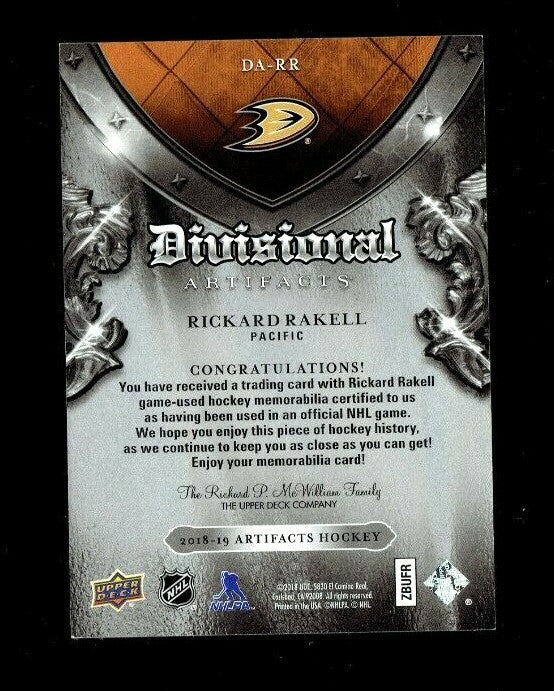 RICKARD RAKELL 2018-19 Artifacts Divisional Jersey Pacific  -  Anaheim Ducks