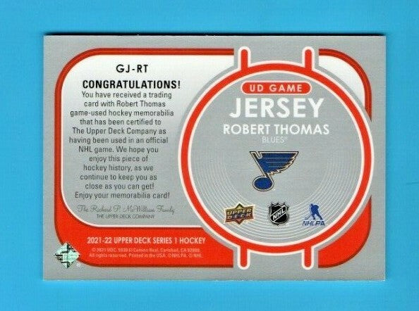 2021-22 Upper Deck UD Game Jersey  Robert Thomas St. Louis Blues #GJ-RT  -  Blue
