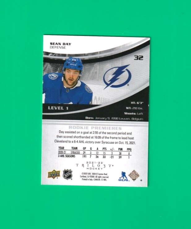 2021-22 UD Trilogy  Level 1 Rookie Premieres #32  -  Sean Day 490/999  Lightning