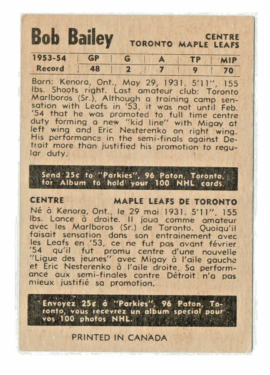  BOB BAILEY 1954-55 PARKHURST  #28 EX-EX+ Toronto Maple Leafs