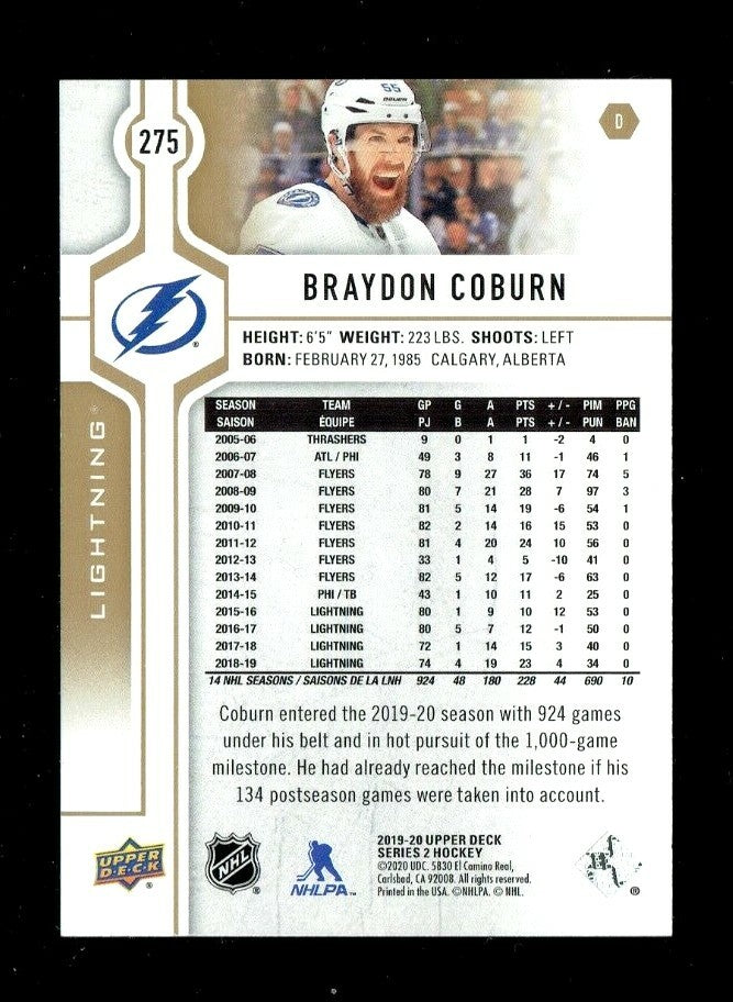 2019/20 Upper Deck Series 2 BRAYDON COBURN  UD High Gloss Card 03/10 - Lightning