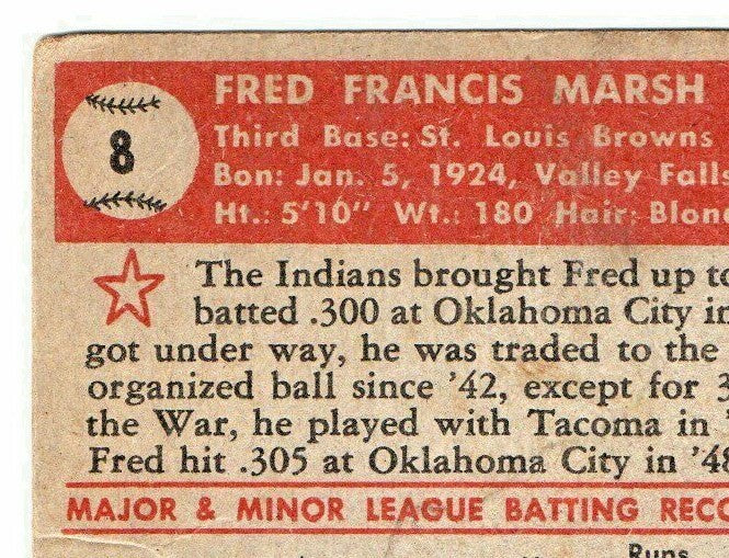 1952 TOPPS # 8 FRED FRANCIS MARSH - ST. LOUIS BROWNS  - ROOKIE CARD