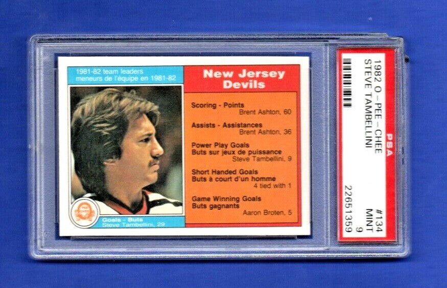 1982 O-Pee-Chee #134 STEVE TAMBELLINI Team Lead PSA 9 Mint | New Jersey Devils