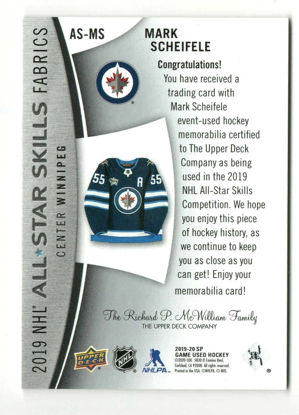 2019-20 Upper Deck SP Game Used All-Star Skills Fabrics Mark Scheifele #AS-MS 