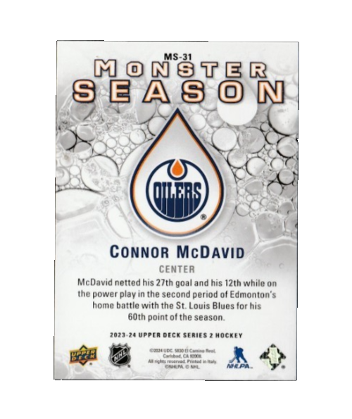 2023-24 UD Monster Season - CONNOR McDAVID - Edmonton Oilers - Card# MS-31