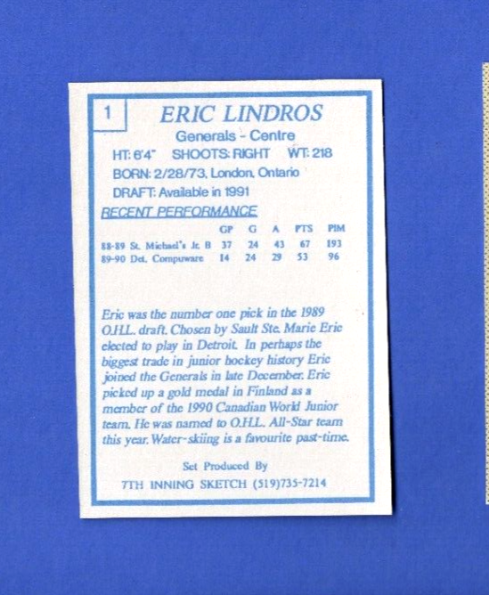 1989-90 Oshawa Generals  -  Eric Lindros  - 7th Inning Sketch Rookie RC #1 RARE