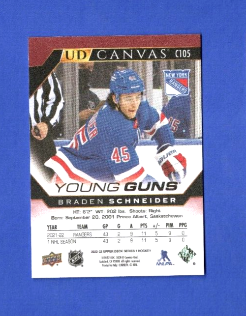 2022-23 Upper Deck Young Guns UD Canvas BRADEN SCHNEIDER #C105  New York Rangers