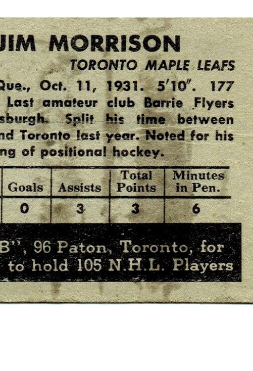 1952-53 Parkhurst Hockey #28 JIM MORRISON -Rookie (Toronto Maple Leafs)  -  VG