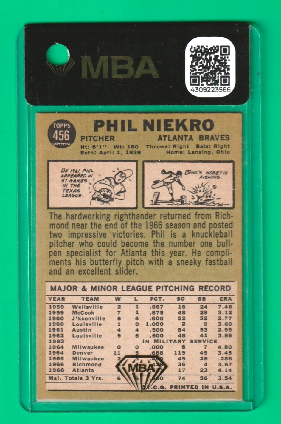 1967 Topps  -  Phil Niekro #456   -  Atlanta Braves     Pitcher  - MBA AUTHENTIC