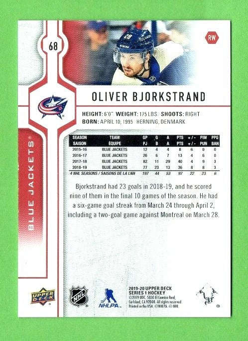 2019-20 UPPER DECK UD EXCLUSIVES OLIVER BJORKSTRAND 004/100 COLUMBUS 