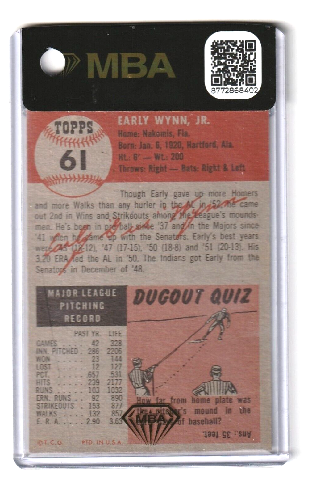 1953 Topps  -  Early Wynn  -  SHORT PRINT #61 MBA AUTHENTIC -  Cleveland Indians