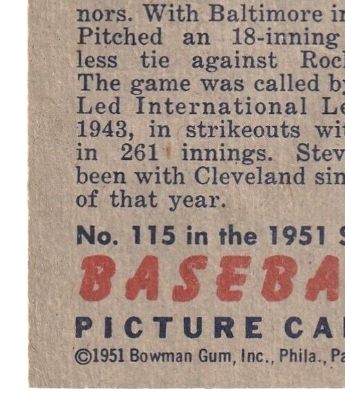 1951 Bowman  -  Steve Gromek -  Cleveland Indians  #115   EX-NRMT