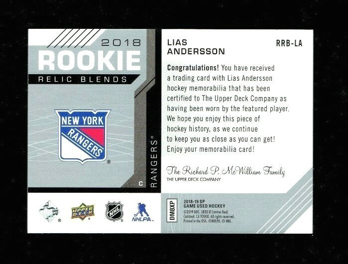 2018-19 SP Game Used 2018 Rookie Relic Blends Lias Andersson 060/125 NY Rangers