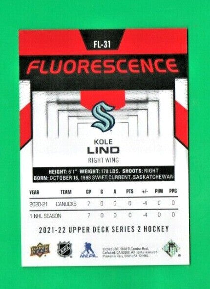 2021-22 UD Series 2 Hockey Kole Lind Fluorescence   RED    FL-31  Seattle Kraken