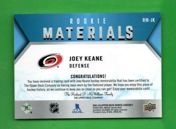 Joey Keane 2021-22 UD Series 2 Rookie Materials RED  Jersey -  RM-JK Hurricanes