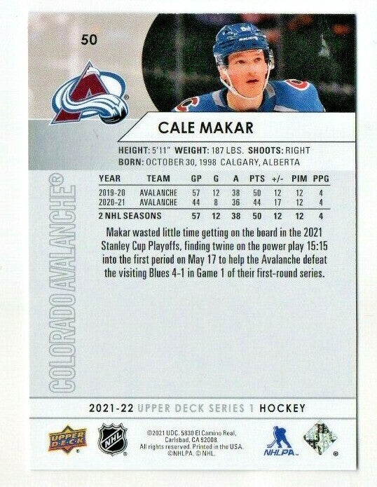 2021-22 Upper Deck Series 1  Street clothes variation -   CALE MAKAR - Avalanche