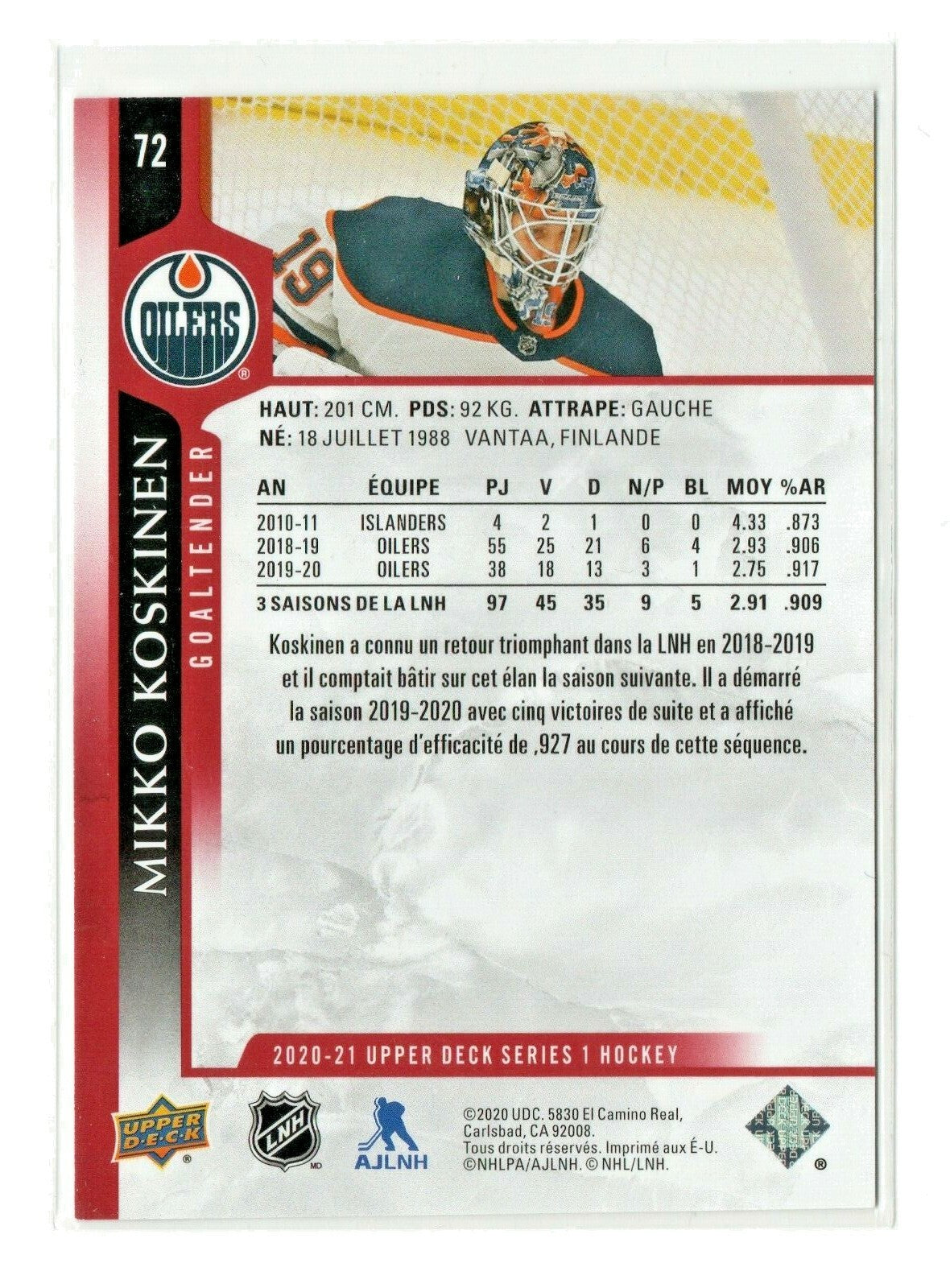 2020-21 UD Series 1 FRENCH Exclusives #72 MIKKO KOSKINEN Edmonton Oilers 024/100